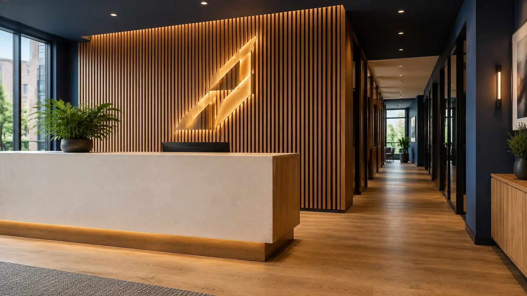 Navy reception with a timber-slat wall, warm lighting and an illuminated AM Safe mark