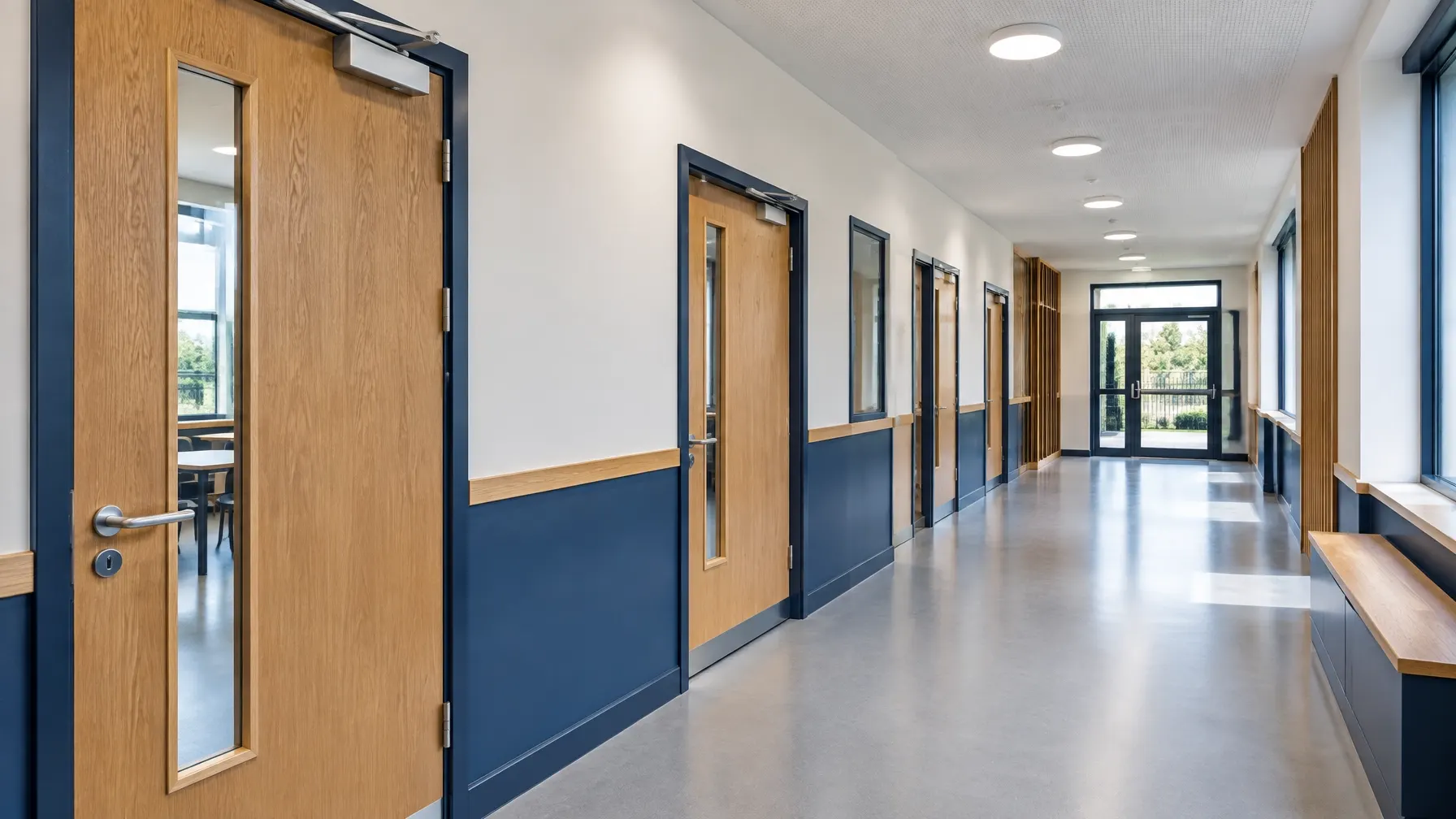 Bright school corridor lined with oak fire doors, glazed fronts and brushed metal hardware