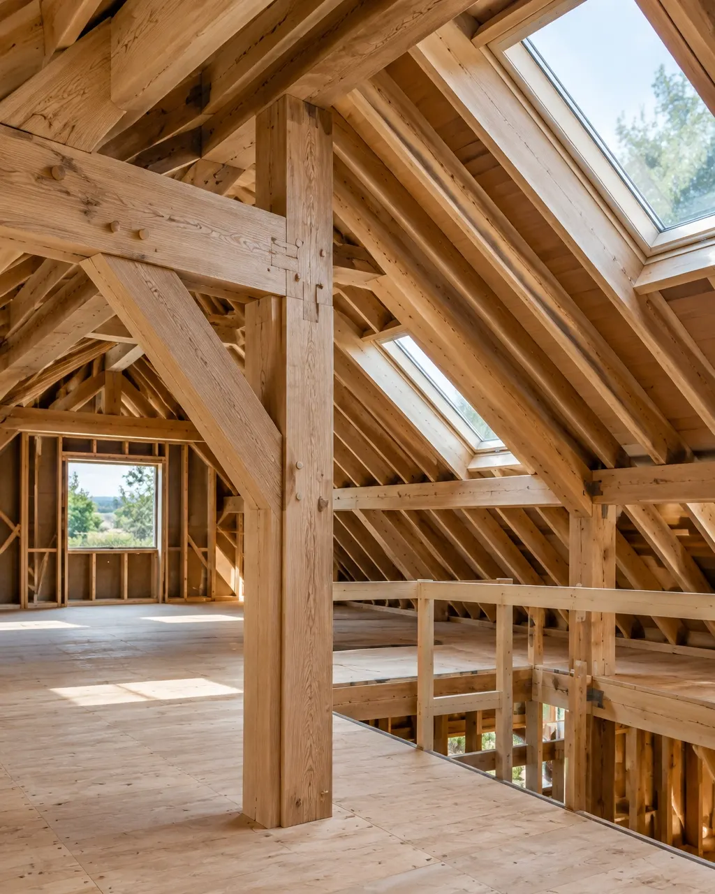 Exposed oak roof trusses and timber framing beneath roof windows