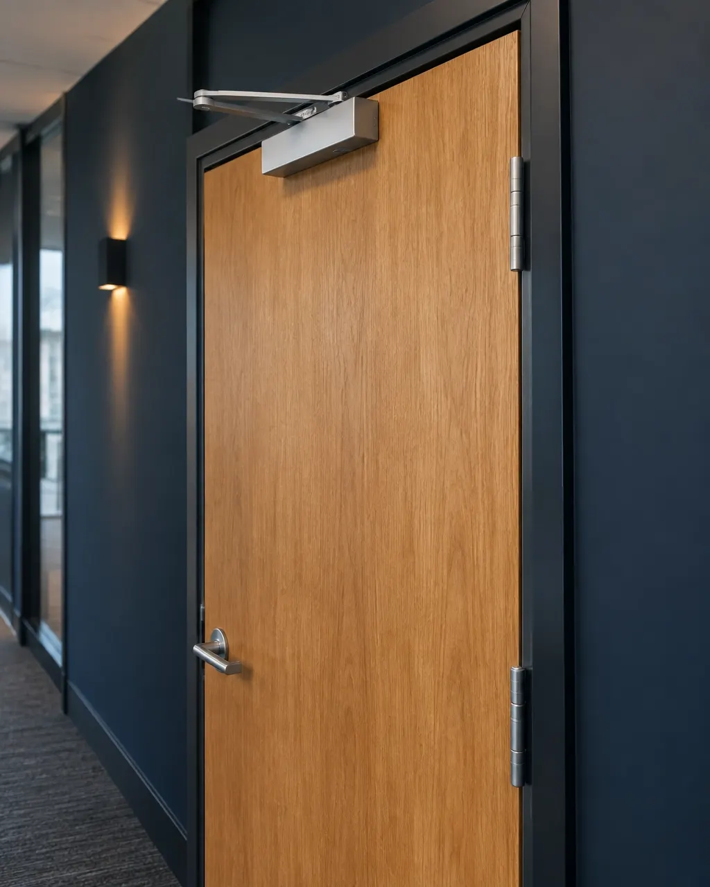 Oak fire door closing with a visible overhead closer, hinges and hardware