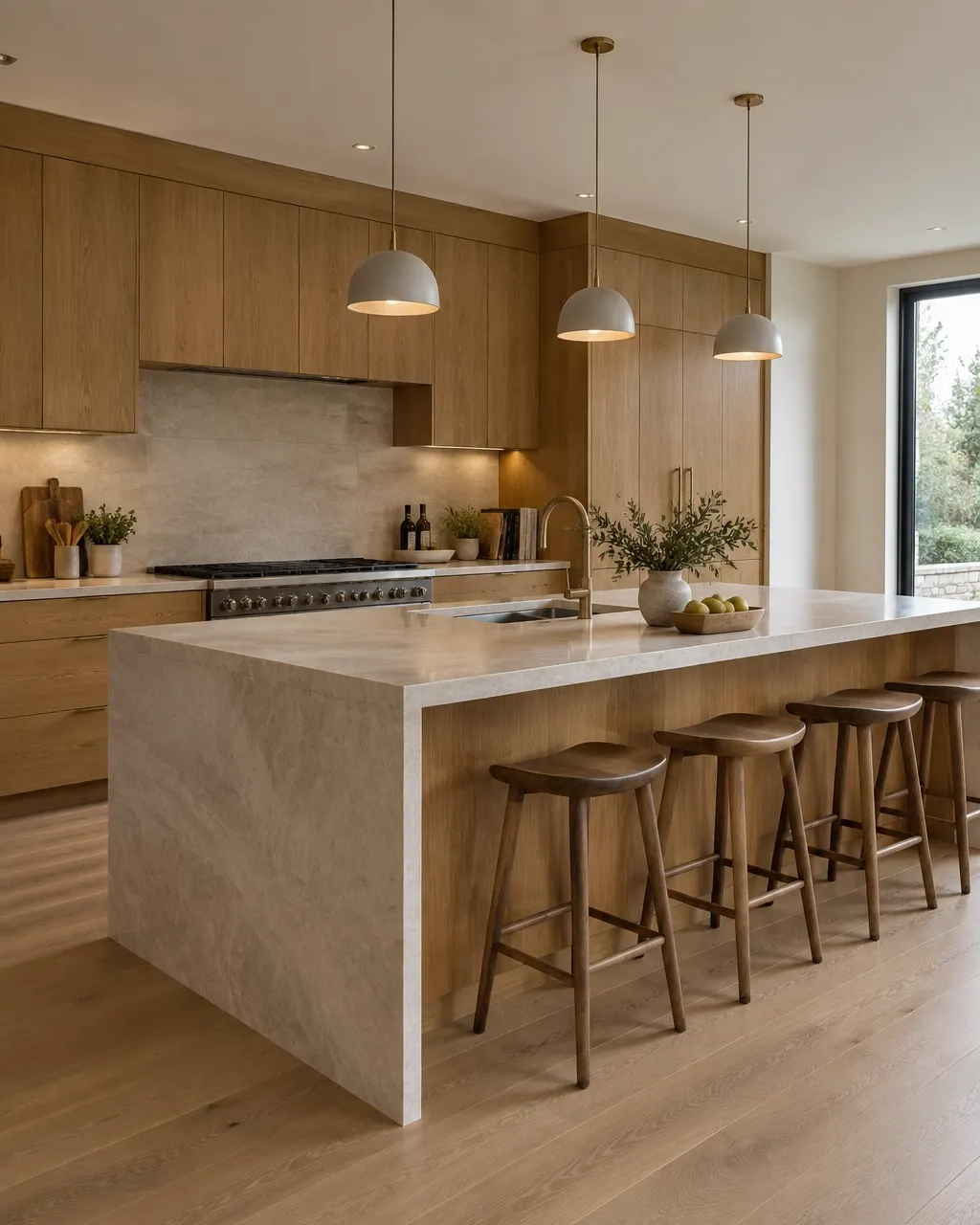 Warm fitted oak kitchen with stone island, pendant lights and timber flooring