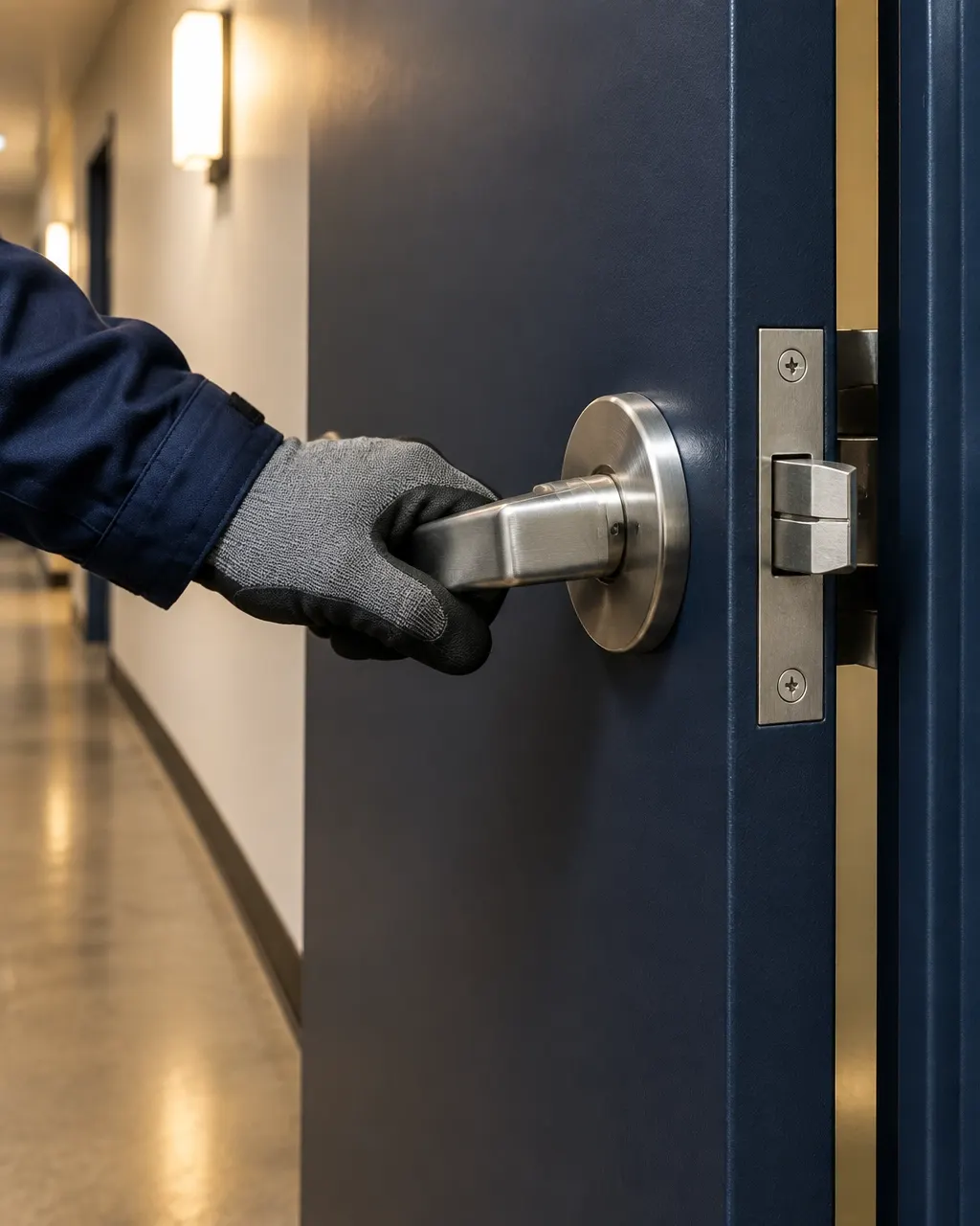 Gloved professional checking a polished door handle, lock and latch in a navy corridor